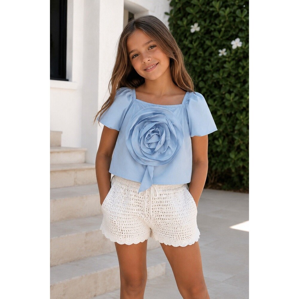 ZARA ROSE POPLIN BLUE TOP FLOWER DESIGN GIRL SIZE 10 , 140 CM